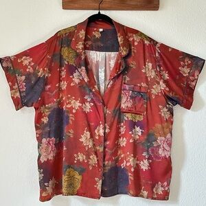 Johnny Was 92% Silk Floral Pajama Button Down Top XL